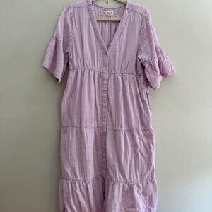 PACT Med Double Coastal Gauze Lavender Peasant Midi Dress Organic Cotton Pockets